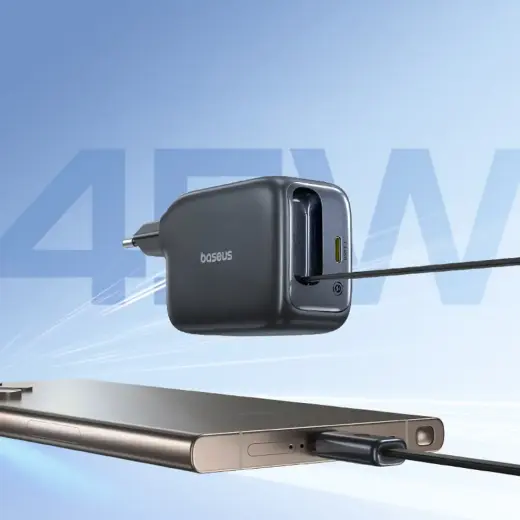 Baseus EnerCore CJ11 45W Wall Charger with USB-C Port and Retractable USB-C Cable - Black Foto 7