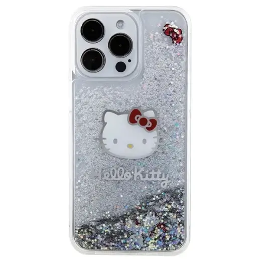 Hello Kitty Liquid Glitter Charms Kitty Head case for iPhone 15 Pro Max - silver Фото num