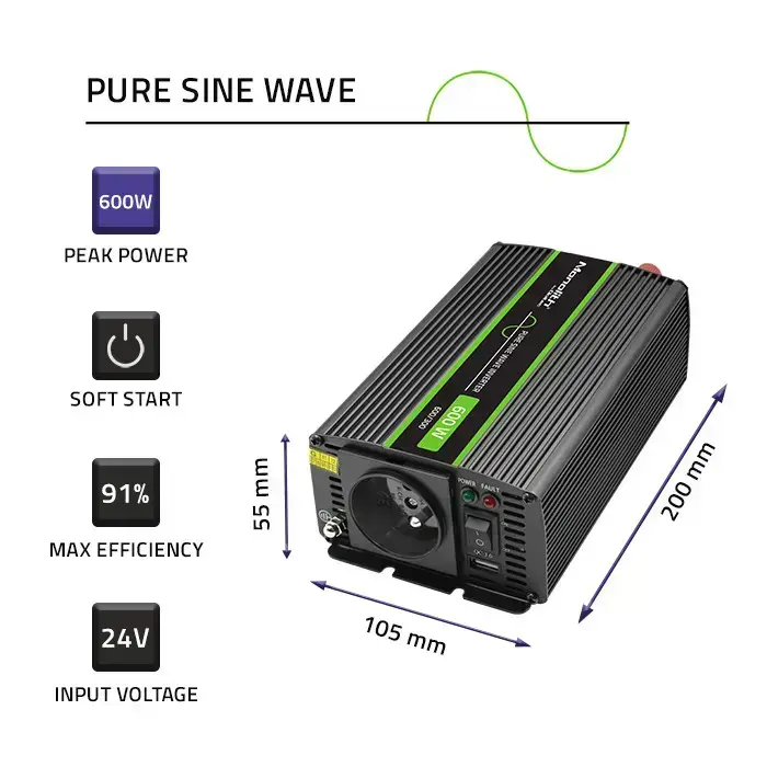 Qoltec Pure Sine Wave Inverter Monolith | 300W | 600W | 24V to 230V Foto 7