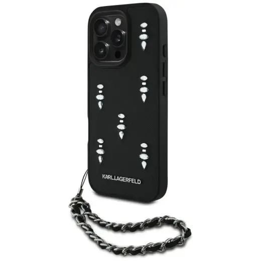 Karl Lagerfeld Saffiano Crystals telefona maciņš ar ķēdi iPhone 16 Pro melnā Foto 1
