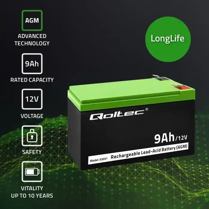Qoltec AGM battery | 12V | 9Ah | Maintenance-free | Efficient| LongLife | for UPS, security Foto 3