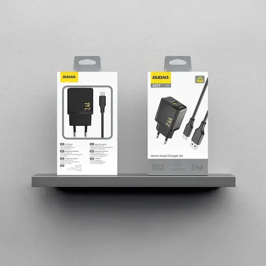 Dudao A23TEU 2.4A GaN USB-A Wall Charger with USB-A - USB-C Cable - Black Foto 3
