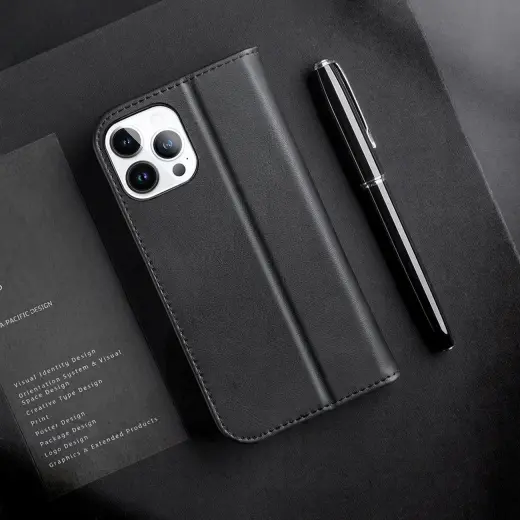 Dux Ducis Hivo Leather Flip Cover Genuine Leather Wallet for Cards and Documents iPhone 14 Pro Max Brown Photo