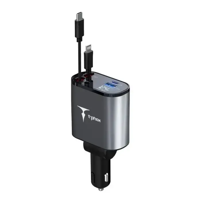 T-Phox Flexit auto lādētājs | 86W | USB-A, USB-C, Lightning | ar iebūvētu USB-C un Lightning vadu komplektā | pelēks
