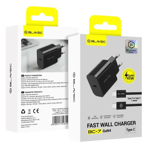 Blavec Wall charger BC-7 GaN4 - Type C - PD QC 45W 3A with Type C to Type C cable (TCBC7G4-CB453A+CC) black Фото num