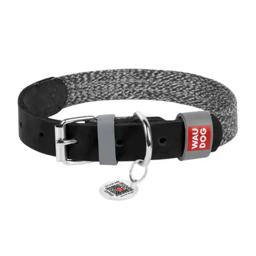 Dog collar made of natural leather and recycled material with QR code Waudog size S, width 15 mm, black Foto 2
