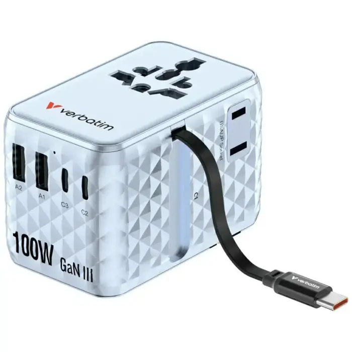 Verbatim Travel Adapter EU/UK/US GaN   2xUSB-C/2xUSB-A/1xUSB-C PD 100W blue 30192
