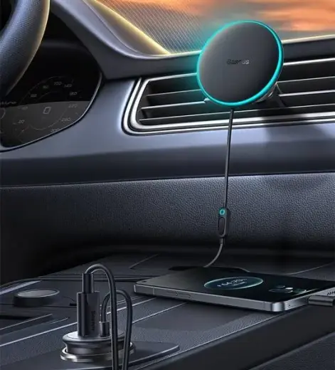 Baseus CW01 Magnetic Car Holder with 15W Wireless Charging + 25W USB-C Car Charger Black Фото num