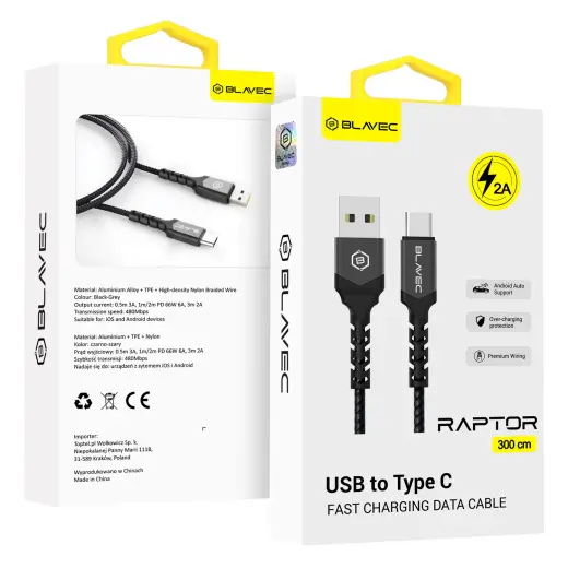 Blavec Cable Raptor braided - USB to Type C - 2A 3 metres (CRA-UC2BG30) black-grey Фото num