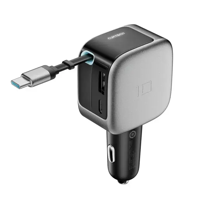 Cuktech CC903P car charger | 100W | USB-C, USB-A | with built-in retractable USB-C cable (70 cm) | gray