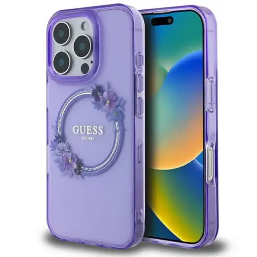 Guess GUHMP16LHFWFCU iPhone 16 Pro 6.3" purpurowy|purple hardcase IML Flowers Wreath MagSafe Фото num