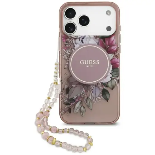 Guess IML Flowers Strap MagSafe Case for iPhone 17 Pro Max Pink Фото num