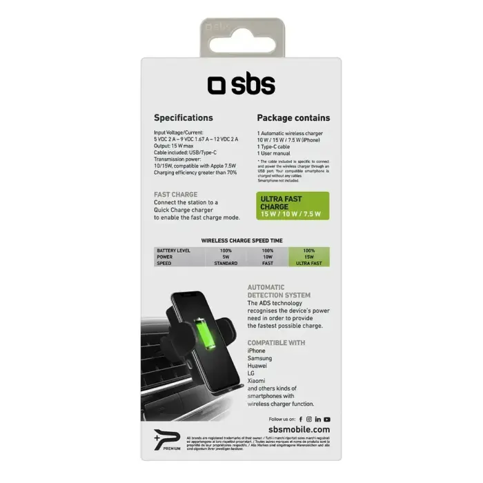 SBS TESUPWIR15WAUT smartphone holder with wireless charger for air vent - black Photo