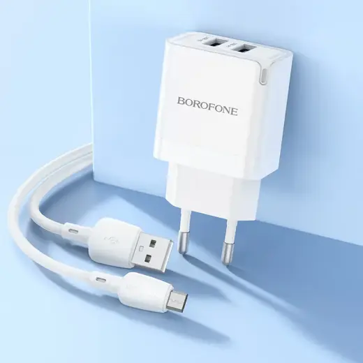 Borofone Sienas lādētājs BN15 Strong - 2xUSB - 2,1A ar USB-Micro USB kabeli, balts (bojāts iepakojums) Foto 8