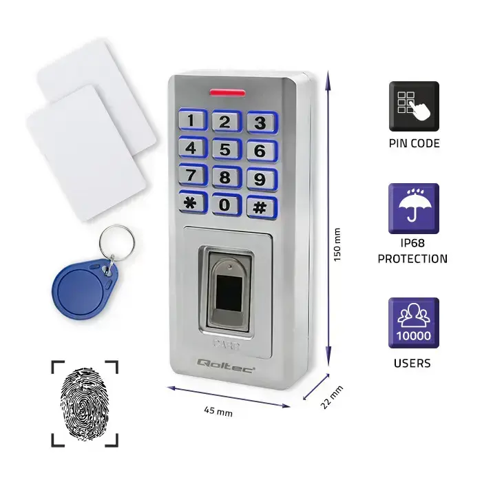 Qoltec Code lock OBERON with fingerprint reader | RFID | Code | Card | key fob | Doorbell | IP68 | EM Foto 2