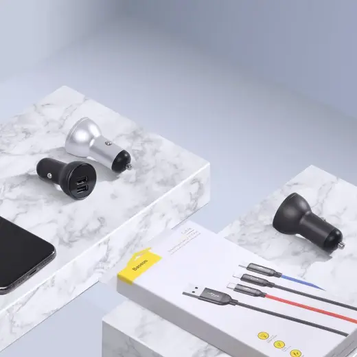 Зарядка для автомобиля Baseus Digital Display Dual USB 4.8A | 24W | USB-A, USB-C, micro USB, Lightning | с кабелем USB-A на USB-C, micro USB, Lightning в комплекте | с LCD дисплеем | черная Фото num