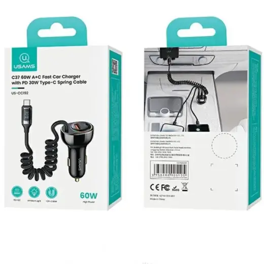 USAMS C37 CC192CC01 auto lādētājs | 60W | PD, QC | USB-A, USB-C | ar USB-C vadu komplektā | melns Foto 10