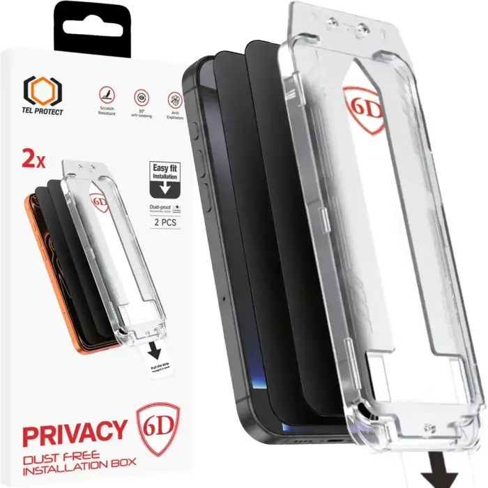 Tel Protect Dust-Free Easy Fit Full Glue 6D aizsargstikls telefona ekrānam iPhone 13 | iPhone 13 Pro | iPhone 16e | iPhone 17e (privātuma efekts) (2 gab.)