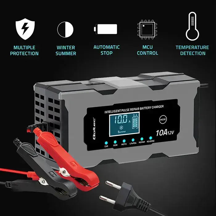 Qoltec Intelligent microprocessor charger 12V 10A | Rectifier with repair function for AGM GEL LiFePO4 battery | LCD Photo