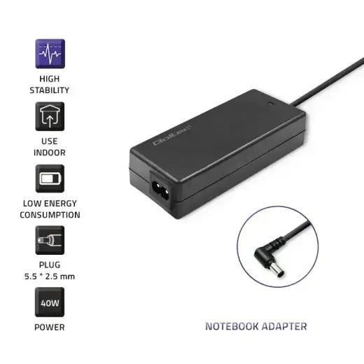 Qoltec Power adapter for laptop Lenovo 40W | 20V | 2A | 5.5*2.5 | +power cable Photo