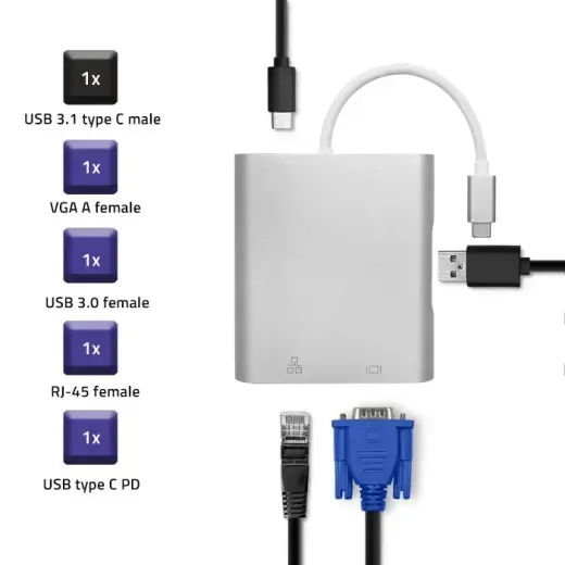 Qoltec Hub Adapter USB-C 3.1 4in1 | USB 3.0 | VGA | RJ45 | USB-C PD 92W Фото num
