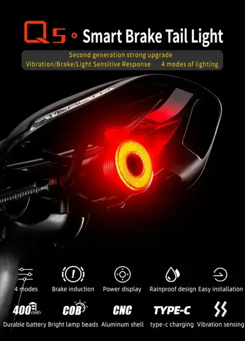 Rockbros Q5 Rear Bike Light with Intelligent Stop System - Black Foto 8