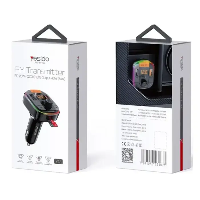YESIDO BT5.0 FM TRANSMITTER Y45 43W LED USB-2xA+C + MICRO SD BLACK Фото num
