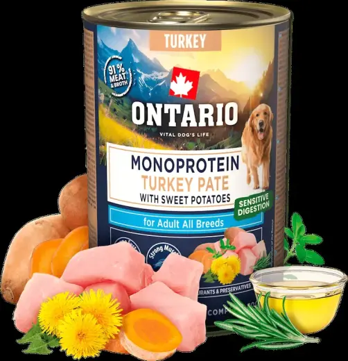 Konservi suņiem - Ontario Adult canned food, monoprotein turkey pāté with sweet potatoes Foto 2