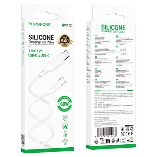 Borofone BX113 Lenny datu pārraides un uzlādes vads | USB-C uz USB-C | 60W | 1m | balts Foto 4