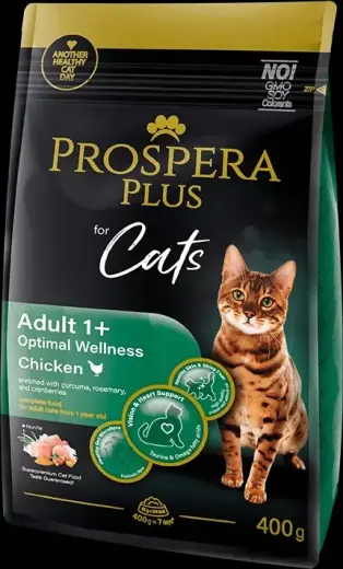 Barība kaķiem – Prospera Plus Adult 1+ Chicken Optimal Wellness, 0,4 kg