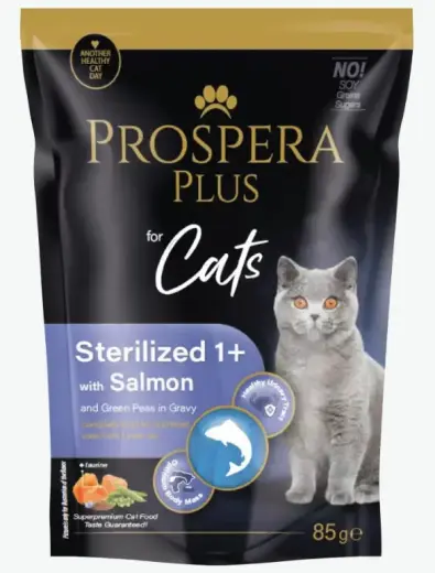 Konservi kaķiem - Prospera Plus, Cat Pouch Sterilized 1+, Salmon and Peas, 85 g