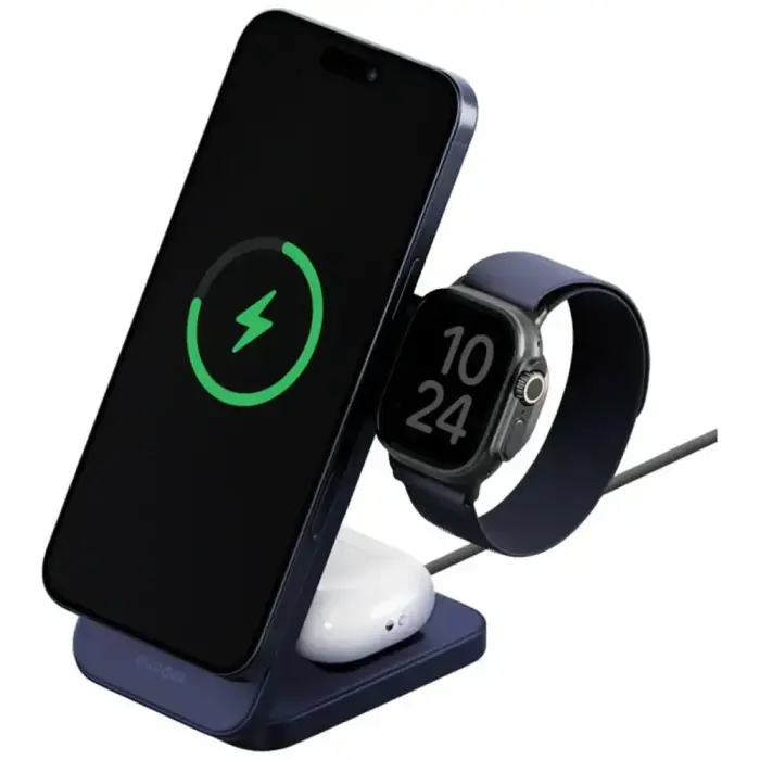 ENERGEA MagTrio 2 3-in-1 bezvadu lādētājs | Qi 2.2 | Saderīgs ar MagSafe | 25W | zils