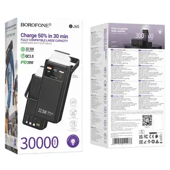 Borofone Power Bank 30000mAh BJ65 High - 2xUSB + Type C - QC 3.0 22,5W + PD 20W with USB, Type C, Lightning and micro USB black (damaged packaging) Foto 10