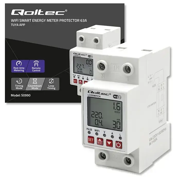 Qoltec Wi-fi DIN rail relay with electricity meter 63A| Timer | Tuya | Wi-Fi | LED Foto 11