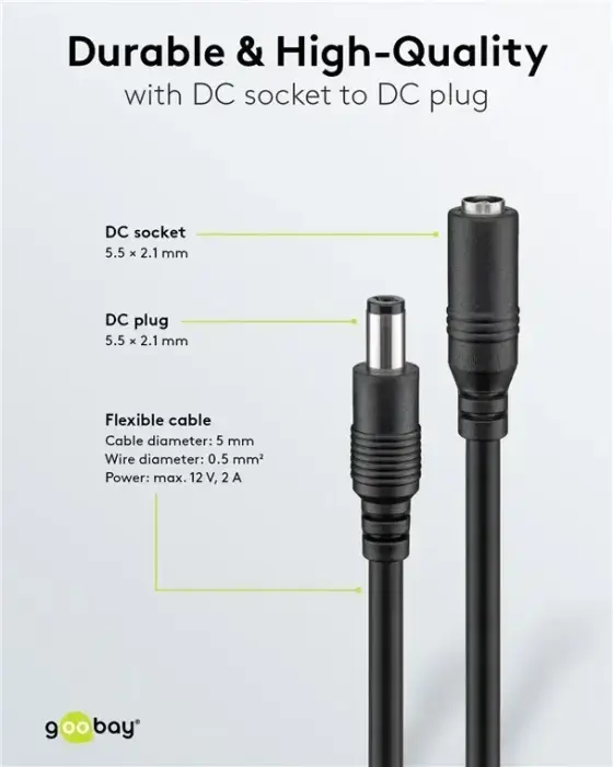 DC Extension Cable, 5m 5.5x2.1mm black  2x0.5 mm² max 24VDC 120W