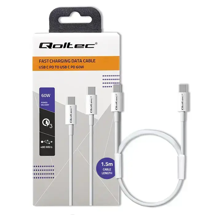 Qoltec datu pārraides un uzlādes vads | USB-C uz USB-C | QC 3.0, PD | 60W | 1.5m | balts