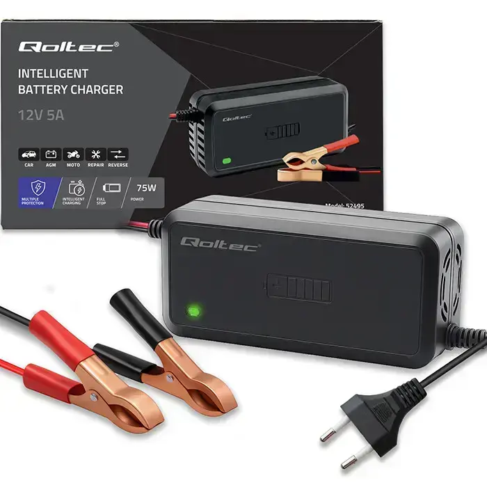 Qoltec Intelligent microprocessor charger 12V 5A | Rectifier for AGM GEL SLA battery | 6 - stage charging Photo