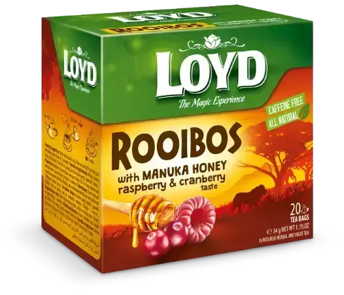 Sarkanā tēja LOYD Pyramids Rooibos ar Manuka medu, avenēm un dzērvenēm, 20x1,7 g