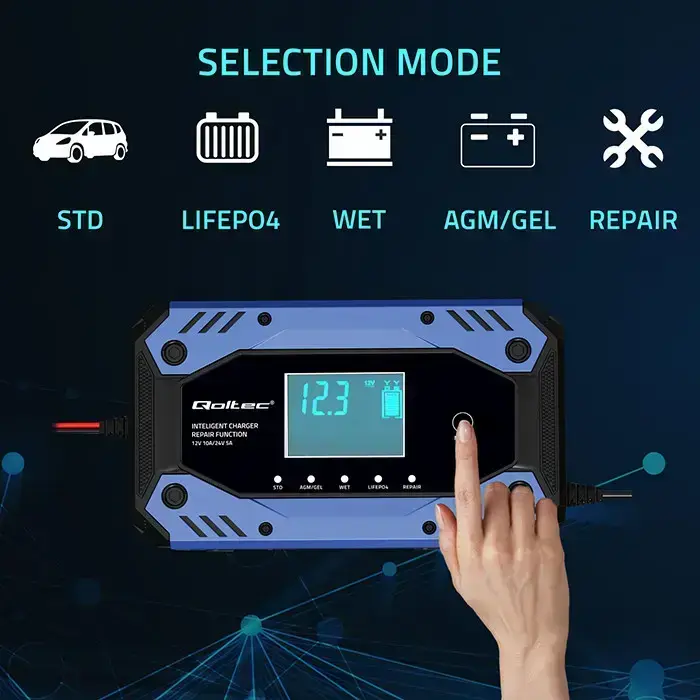 Qoltec Intelligent charger for STD AGM GEL LiFePO4 | Battery charger with repair function |12-24V |10A | LCD | 9 - stage charging Photo