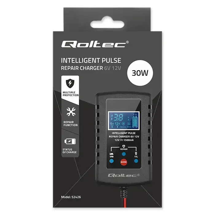 Qoltec Automatic charger for AGM GEL STD 6V/12V battery | 2A | Rectifier with repair function and LED display  Photo