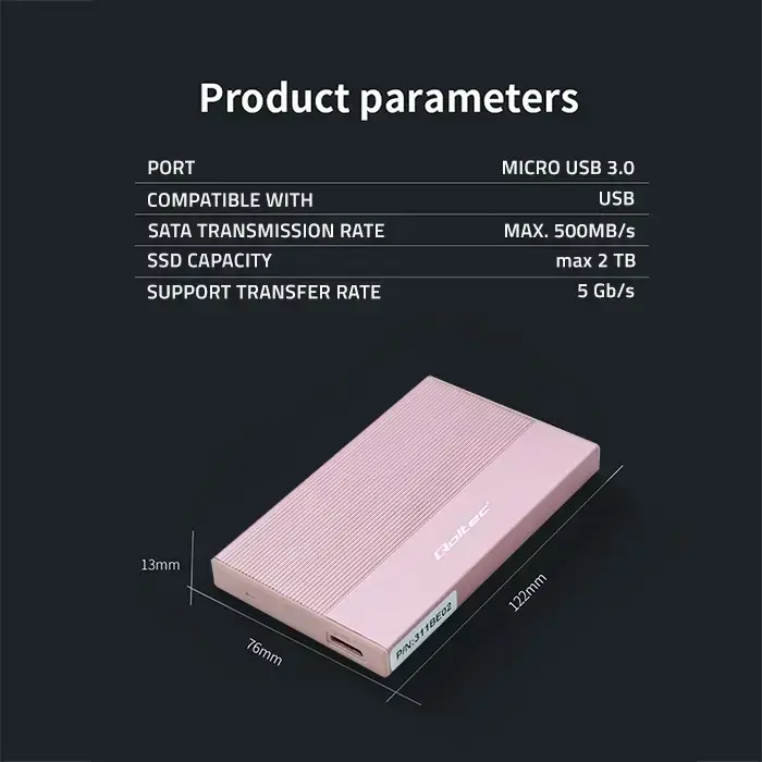 Qoltec Aluminium Enclosure | SSD HDD 2.5'' drive | SATA | USB 3.0 | Super speed 5Gb/s | 2TB | Pink Foto 5