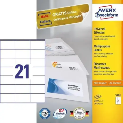 Avery Zweckform, Avery Labels 70 x 41mm White, A4 (3481) Foto 4