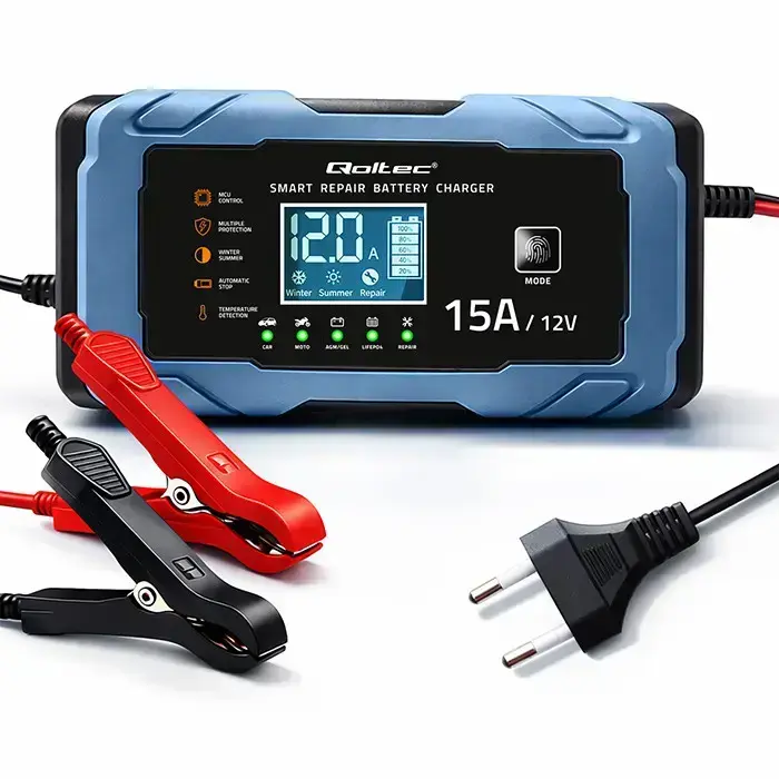 Qoltec Intelligent microprocessor charger 12V 15A | Rectifier with repair function | AGM GEL LiFePO4 | 9-stage charging  Photo