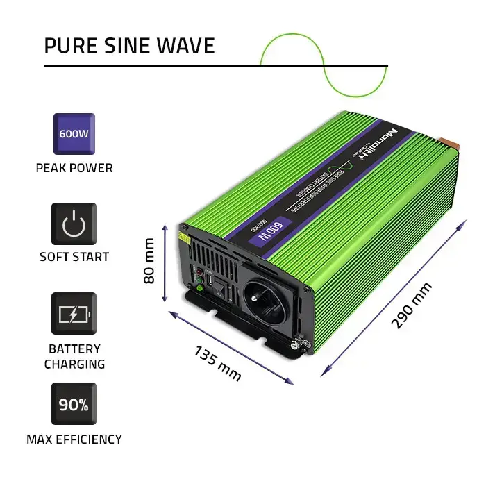Qoltec Pure Sine Wave Inverter Monolith | battery charger | UPS | 300W | 600W |  12V to 230V Foto 7