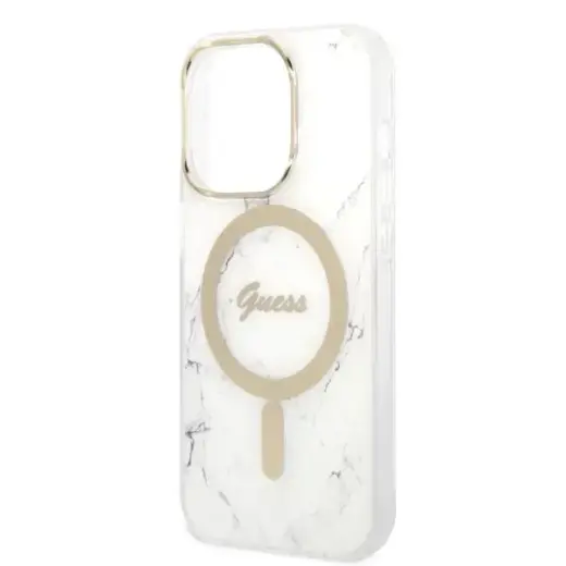 Zestaw Guess GUBPP14LHMEACSH Case+ Charger iPhone 14 Pro 6,1" biały|white hard case Marble MagSafe Фото num