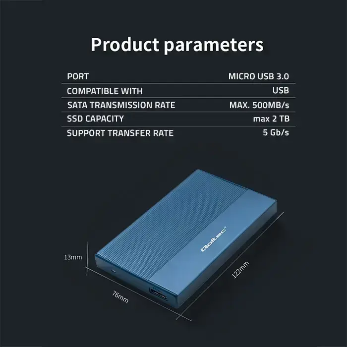 Qoltec Aluminium Enclosure | SSD HDD 2.5'' drive | SATA | USB 3.0 | Super speed 5Gb/s | 2TB | Blue Foto 5