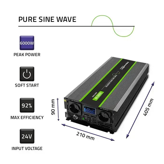 Qoltec Pure Sine Wave Inverter Monolith | 3000W | 6000W | 24V to 230V | LCD Foto 6