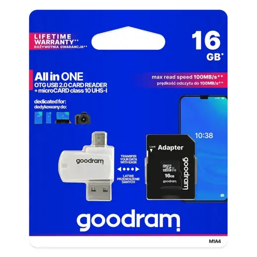 GOODRAM Memory MicroSD Card All in one - 16GB with adapter UHS I CLASS 10 100MB/s + reader Фото num