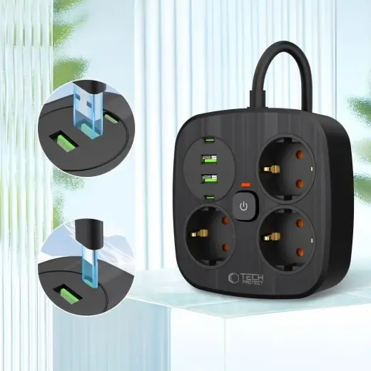 Tech-Protect PCS3X4 power strip, 3 sockets, 2xUSB-A, 2xUSB-C 200 cm - black Photo