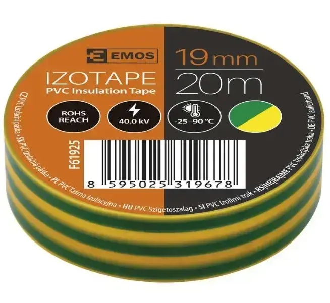 Izolācijas lente PVC 19mm/20m zaļa/dzeltena, EMOS
